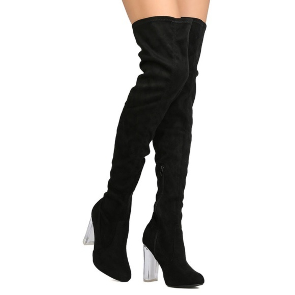 ❌SOLD❌black velvet over-knee boots clear heel